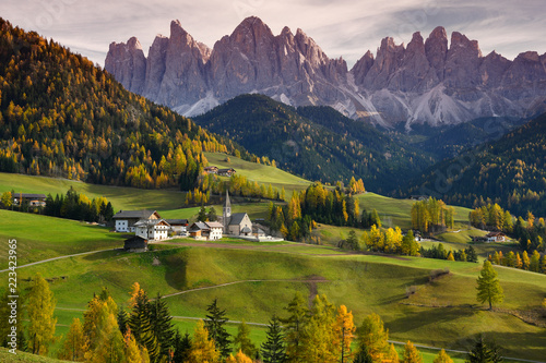Santa Magdalena Village in Val di Funes with the Odle italian Dolomites group on the background. South Tyrol, Italy