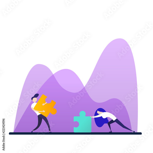 Two flat style people connecting puzzle elements. Business, teamwork and partnership concept.