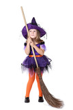 Young girl in halloween costume with broom on white background