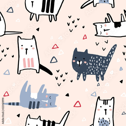 Seamless pattern with hand drawn cats and geometric shapes. Creative childish texture. Great for fabric, textile Vector Illustration