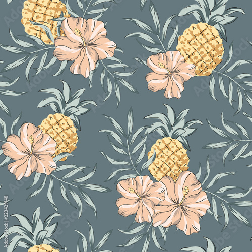 Tropical pink hibiscus flowers, pineapples, palm leaves, dark gray background. Vector seamless pattern. Jungle illustration. Exotic plants and fruits. Summer beach floral design. Paradise nature