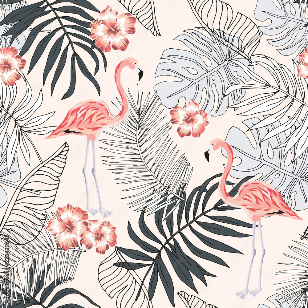 Naklejka premium Pink flamingo and graphic palm leaves, hibiscus flowers background. Vector floral seamless pattern. Tropical illustration. Exotic plants and birds. Summer beach design. Paradise nature