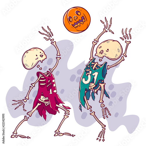 Halloween card illustration. Couple of dead basketball player with pumpkin scary ball.