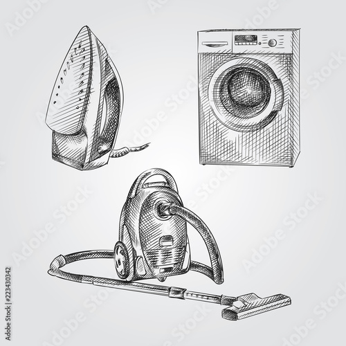 Hand Drawn Home Appliances Sketches Set. Collection Of vacuum cleaner, Washer, Iron Sketches isolated on white background
