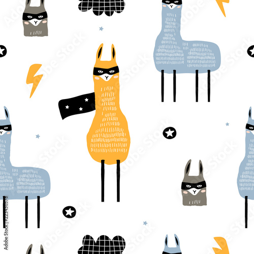 Seamless pattern with llamas hero. Creative hand drawn llama childish texture. Great for fabric, textile Vector Illustration
