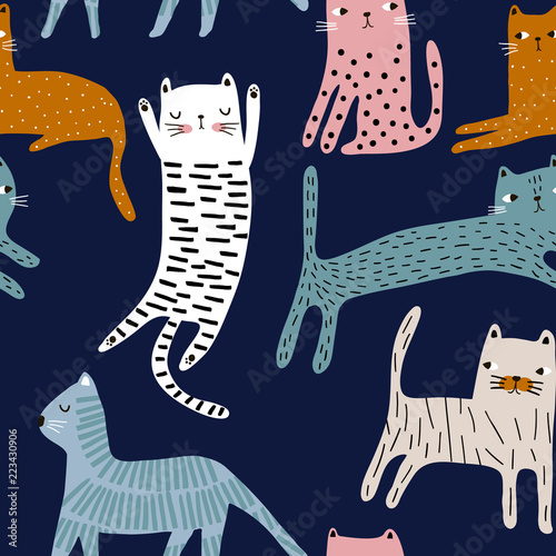 Seamless pattern with cute colorful cats. Creative childish texture. Great for fabric, textile Vector Illustration