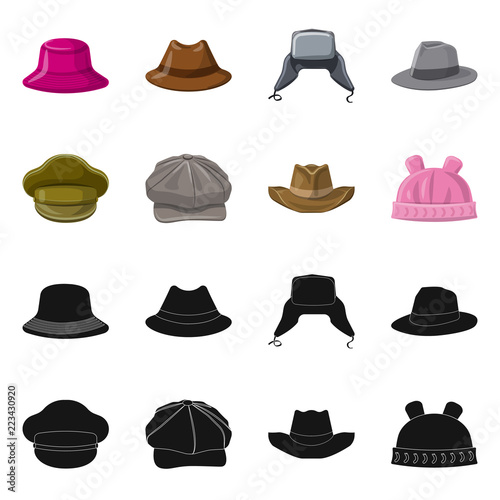 Vector illustration of headgear and cap icon. Set of headgear and accessory vector icon for stock.