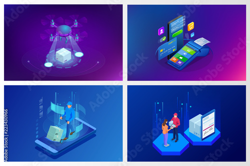 Isometric Drone Fast Delivery of goods in the city. Technological shipment innovation concept. Autonomous logistics Template for presentation, report design, website.