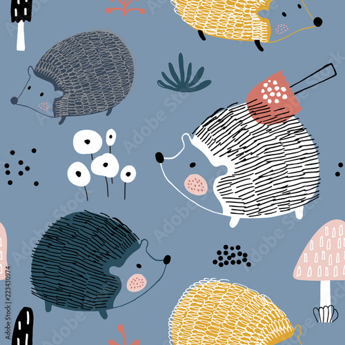 Seamless pattern with hedgehogs ann mushrooms. Creative scandinavian background. Perfect for kids apparel,fabric, textile, nursery decoration,wrapping paper.Vector Illustration