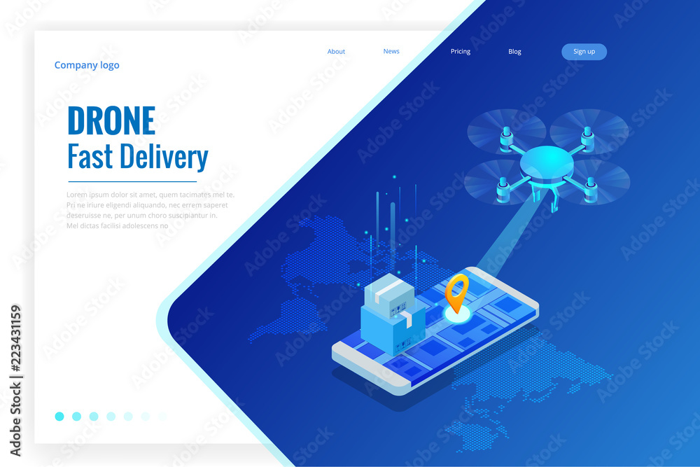 Isometric Drone Fast Delivery of goods in the city. Technological ...