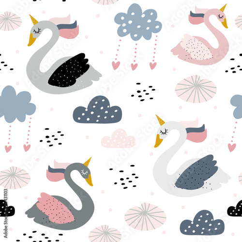 Fototapeta Naklejka Na Ścianę i Meble -  Seamless childish pattern with swan unicorn on white background. Creative nursery texture. Perfect for kids design, fabric, wrapping, wallpaper, textile, apparel