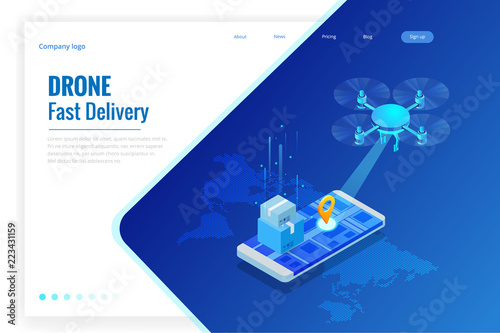 Isometric Drone Fast Delivery of goods in the city. Technological shipment innovation concept. Autonomous logistics Template for presentation, report design, website.