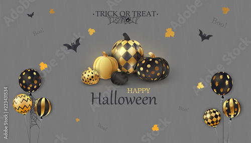 Happy Halloween. Trick or treat. Boo. Holiday concept with glitter confetti ghost balloons funny faces, gold, black halloween pumpkins for banner, website, poster, greeting card, party invitation.