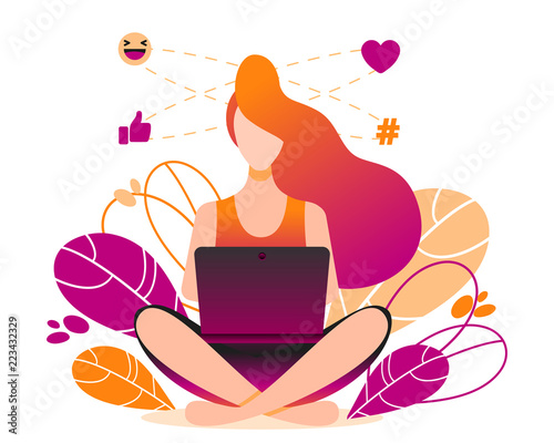Girl sitting on the floor and working with laptop in social networks.