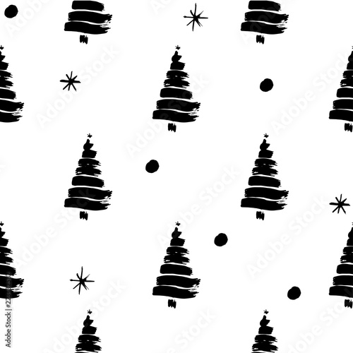 Vector illustration pattern on the winter theme with white background and black silhouette of trees with snowballs and snowflakes