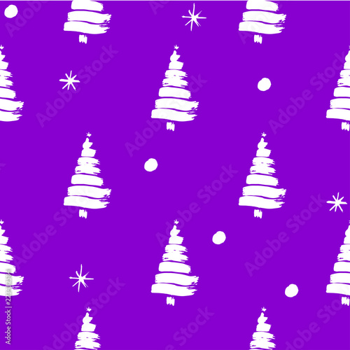 Vector illustration pattern on the winter theme with white background and black silhouette of trees with snowballs and snowflakes on a violet background