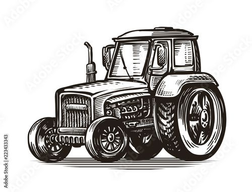 Farm tractor, sketch Agriculture, farming, agribusiness concept. Vintage vector illustration
