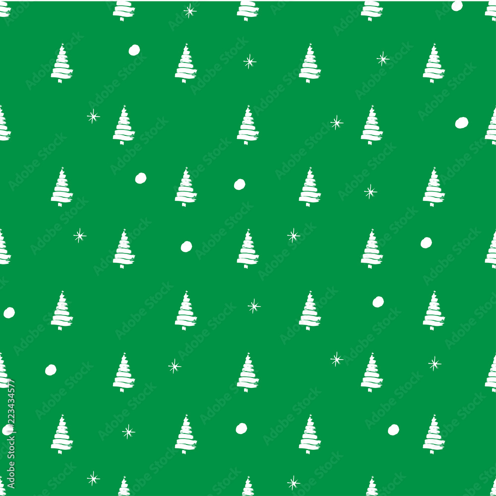 Vector pattern with white christmas trees and snowflake on a green bsckgrounds 