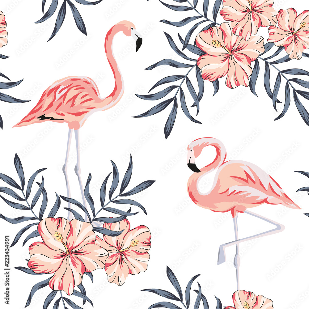 Naklejka premium Tropical pink flamingo birds, hibiscus flowers bouquets, palm leaves, white background. Vector seamless pattern. Jungle illustration. Exotic plants. Summer beach floral design. Paradise nature