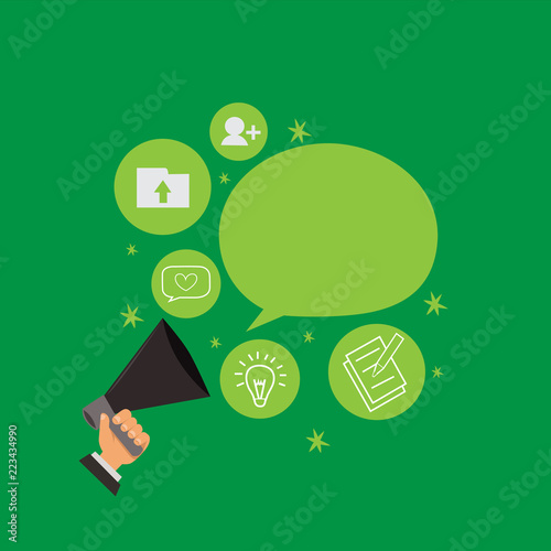 Flat design Vector Illustration Empty esp template copy text for Ad, promotion, poster, flyer, web banner, article. Human Hand Holding Megaphone Talking Different Topic and Speech Bubble