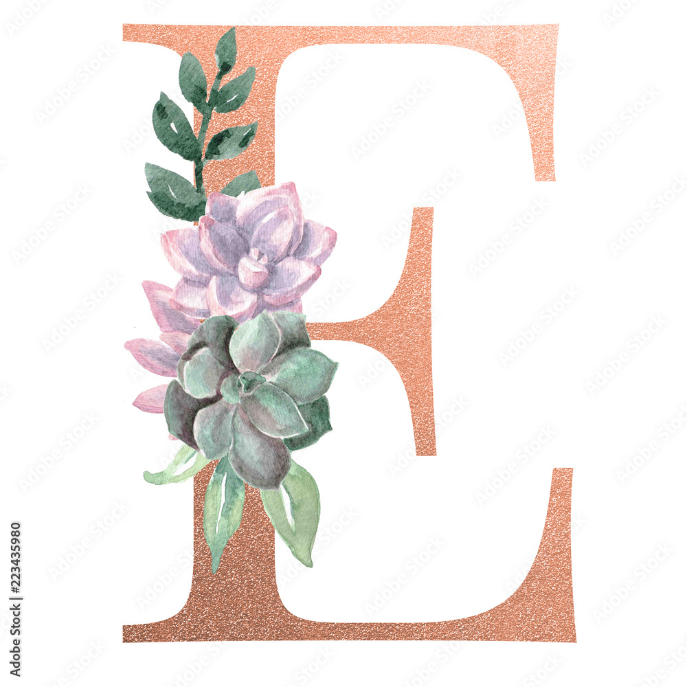 Watercolor Monogram Alphabet Letter E Rose Gold Foil Stock Illustration |  Adobe Stock