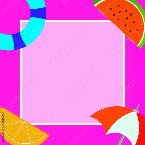 Flat design Vector Illustration Empty esp template copy text for Ad, promotion, poster, flyer, web banner, article. Things related to Summertime Beach items on four corners with center space
