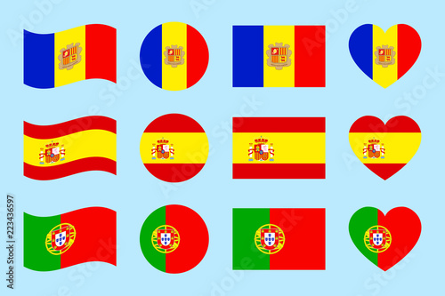 Iberian Peninsula states flags. vector illustration. Spain, Portugal,Andorra national symbols. Different geometric shapes. Flat style. Andorran, Spanish, Portuguese flags badges.
