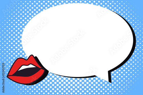 Flat design business Vector Illustration concept Empty copy space modern abstract background Geometric element. Halftone Red Lips Parted beside blank Round Speech bubble with shadow