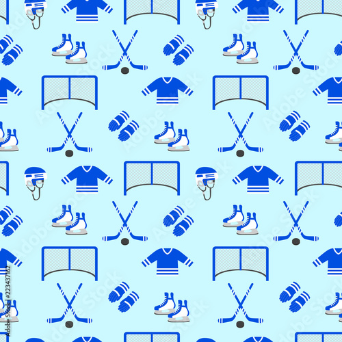 Hockey background. Vector seamless pattern. Men's ice hockey equipment repeated texture. Winter sports designs, clothes prints. Puck, stick, skates, field, helmet, uniform, gloves,t shirt, gate