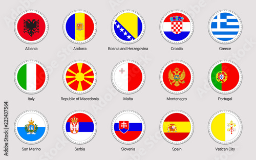European countries flags set. Vector flag stickers collection. Round elements. South Europe states. Circle elements. official symbols. Illustration for web, patriotic, geographic, sports, travel pages © nataliesezam