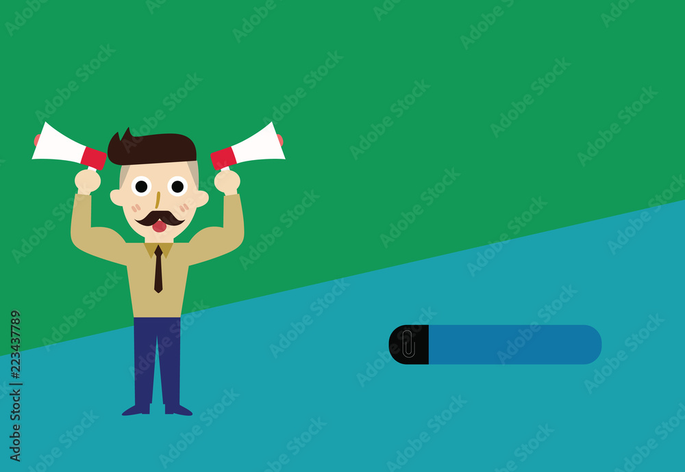 Flat design business Vector Illustration concept copy text for esp Web banners promotional material mock up template. Bearded Man with necktie Raise up Arms Holding Two Megaphone Sideways