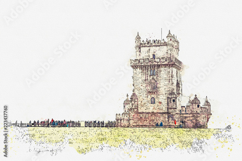 illustration. Torre de Belem or the Belem Tower is one of the attractions of Lisbon. The fortress was built in 1515-1521. Located in Belem district photo