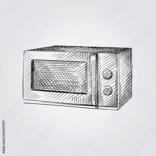 Hand Drawn Microwave Oven Sketch Symbol isolated on white background. Vector Appliances In Trendy Style