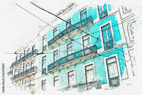 illustration. Beautiful old houses on the street in Lisbon in Portugal. Traditional European architecture.