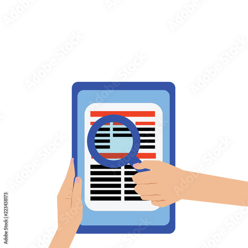 Flat design business Vector Illustration Empty template Layout for invitation greeting card promotion poster voucher. Human Hand Hold Magnifying Glass Read Article or Search data on Tablet