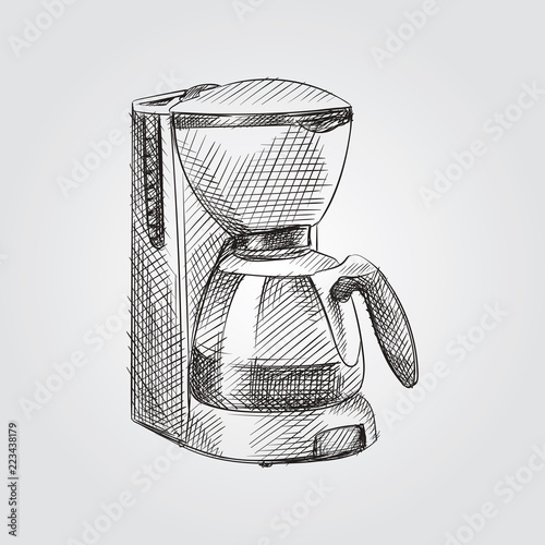 Hand Drawn Coffee maker Sketch Symbol isolated on white background. Vector Appliances In Trendy Style