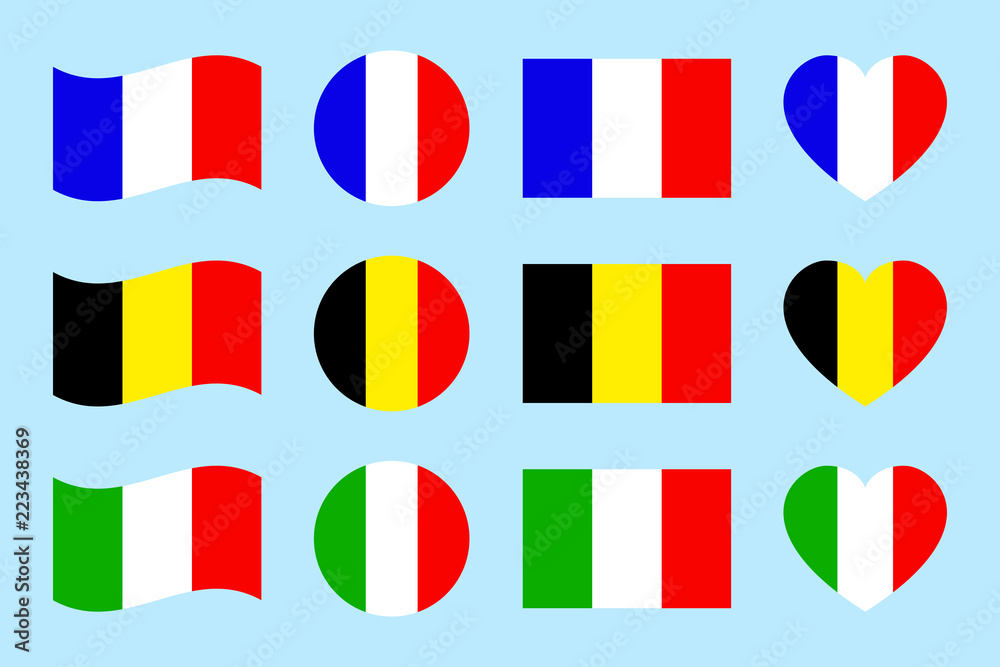 France, Italy,Belgium flags icons. vector illustration. Flat geometric shapes. French,Italian,Belgian flags set. European countries traditional symbols icons. France, Italy,Belgium flags icons. vector illustration. Flat geometric shapes. French,Italian,Belgian flags set. European countries traditional symbols icons.