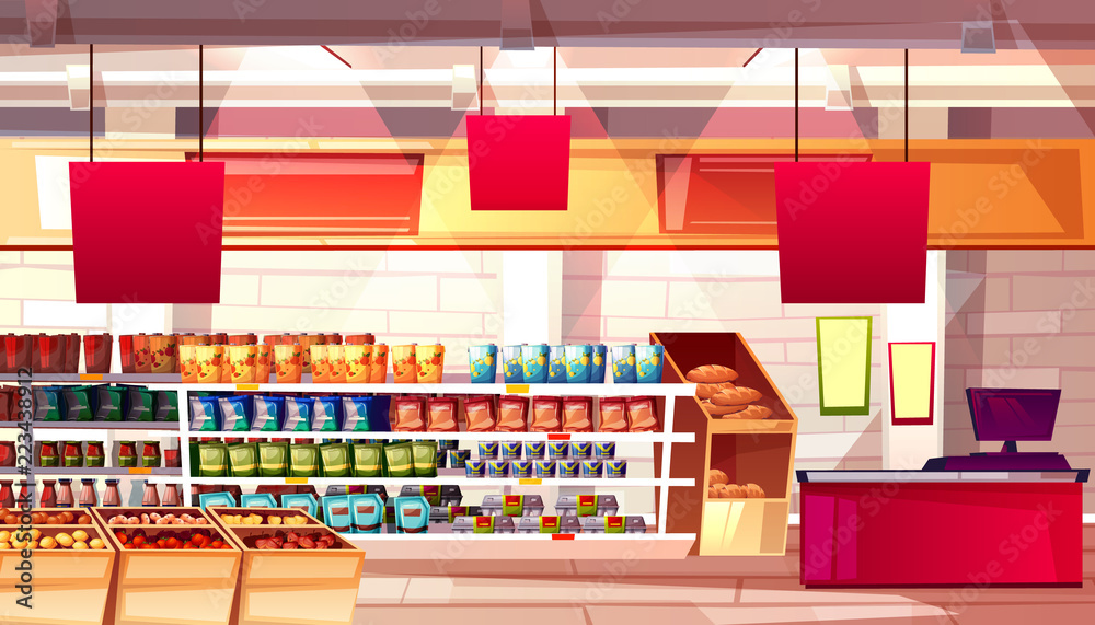 Supermarket and grocery food products on shelves vector illustration ...