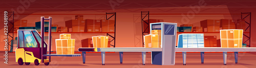 Warehouse worker in forklift loader put parcels on conveyor belt vector illustration. Cartoon post mail storehouse logistics, man in truck loading carton boxes form shelves
