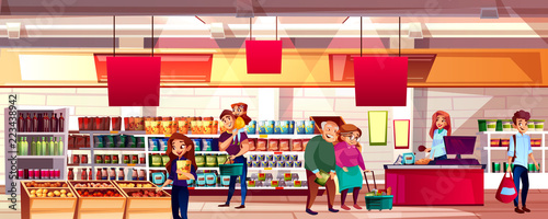 People in supermarket or grocery store vector illustration. Family choosing food products on shelves to shopping bags or carts, cartoon background with cashier at checkout counter