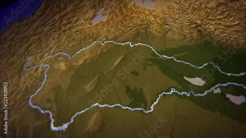 Mesopotamia Map, Tigris and Euphrates. 3D Animation Map. Camera Floats Over Tigris and Euphrates Rivers, English and Arabic Text Appears. photo