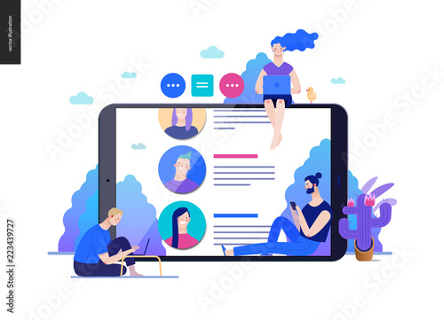 Business series, color 2 - reviews -modern flat vector illustration concept of people writing reviews and the review page on the tablet screen. Creative landing page or company product design template