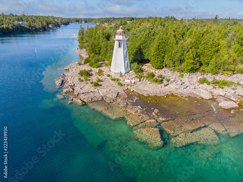 A Big Tub Lighthouse. seen from the air in Tobermory, Ontario, Canada
