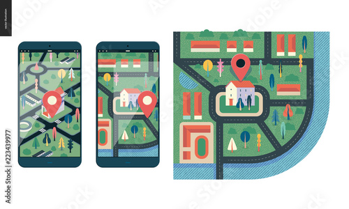Business series, color 1 - map - modern flat vector illustration, creative concept of location. Isometric and flat maps with a marked building, streets and trees on the smartphone screens