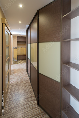 Interior of the flat. Warm tones  wooden floor. Built-in wardrobe