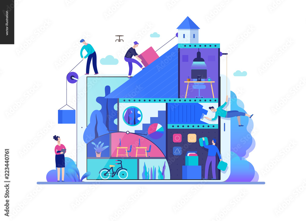 Business series, color 2 -company, teamwork, collaboration -modern flat vector illustration concept of people constructing a company Business workflow management. Creative landing page design template