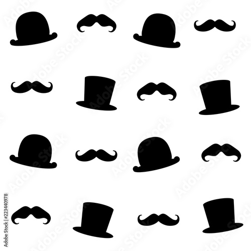 Vector pattern illustration with moustaches and gentleman's hats: black bowler hat and black cylinder hat