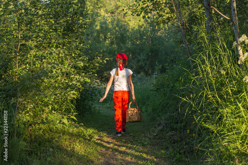Young girl walking on a path through green woods carrying a birchbark basket © Alfira