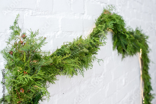 New Year's and Christmas! Green beautiful and lively garland of Christmas tree branches