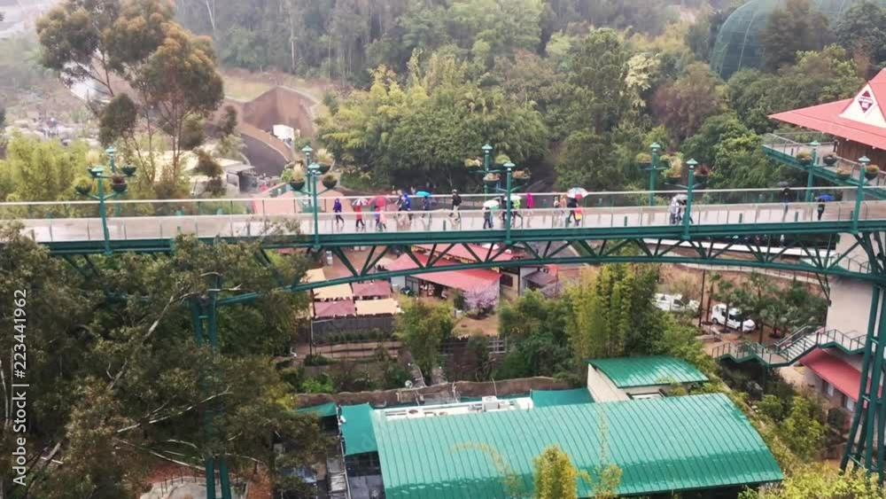 Aerial footage of sky bridge walkway with people above zoo. San Diego on a cloudy day.